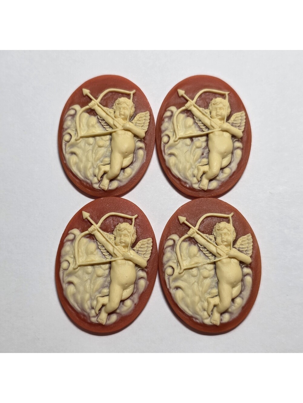 Lot of 4 Vintage Style Cupid With Bow Cameo Cabochons Orange White Resin EUC